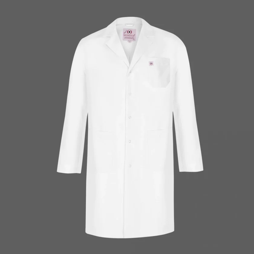 روپوش سفید مردانه مونوتیپ مدل D102 | یقه پزشکی، طول بلند | خرید از دیو سپید روپوش سفید مردانه مونوتیپ مدل D102 با یقه پزشکی و طول بلند
